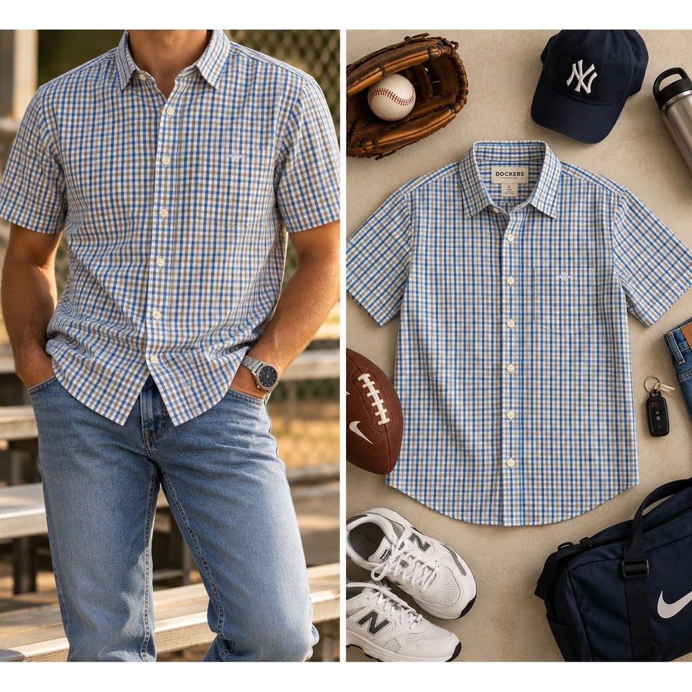 Dockers Men's L Blue Tan Plaid Short Sleeve Shirt Coastal Preppy Casual